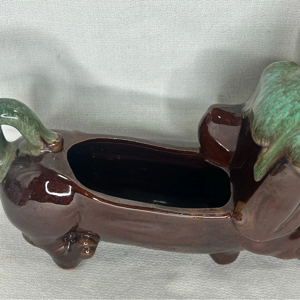 Vintage RedWare Terracotta Dachshund Planter Dresser Caddy Weiner Dog Dish 8”x5”